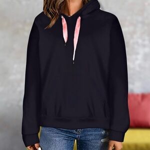 FREE PRESS Pink Velvet Ribbon Drop Shoulder Cotton Blend Black Hoodie Sweatshirt